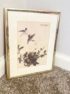 Vintage Asian—inspired bird print in gold frame